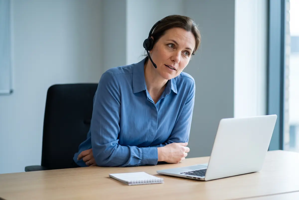 A credit advisor wearing a slim headset at an uncluttered desk, listening during a call.