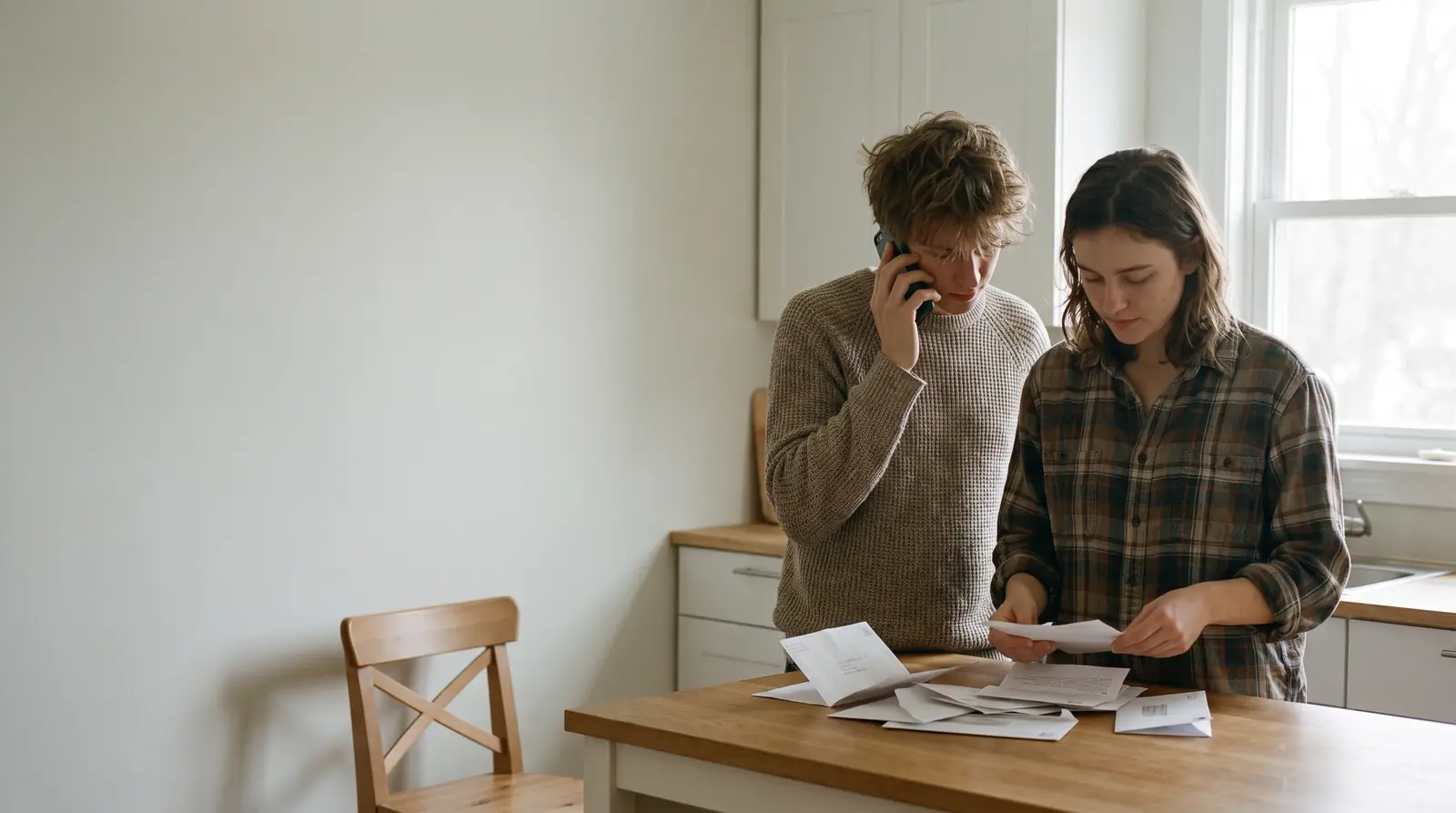 Two people at a kitchen counter sorting through a small pile of envelopes and letters.