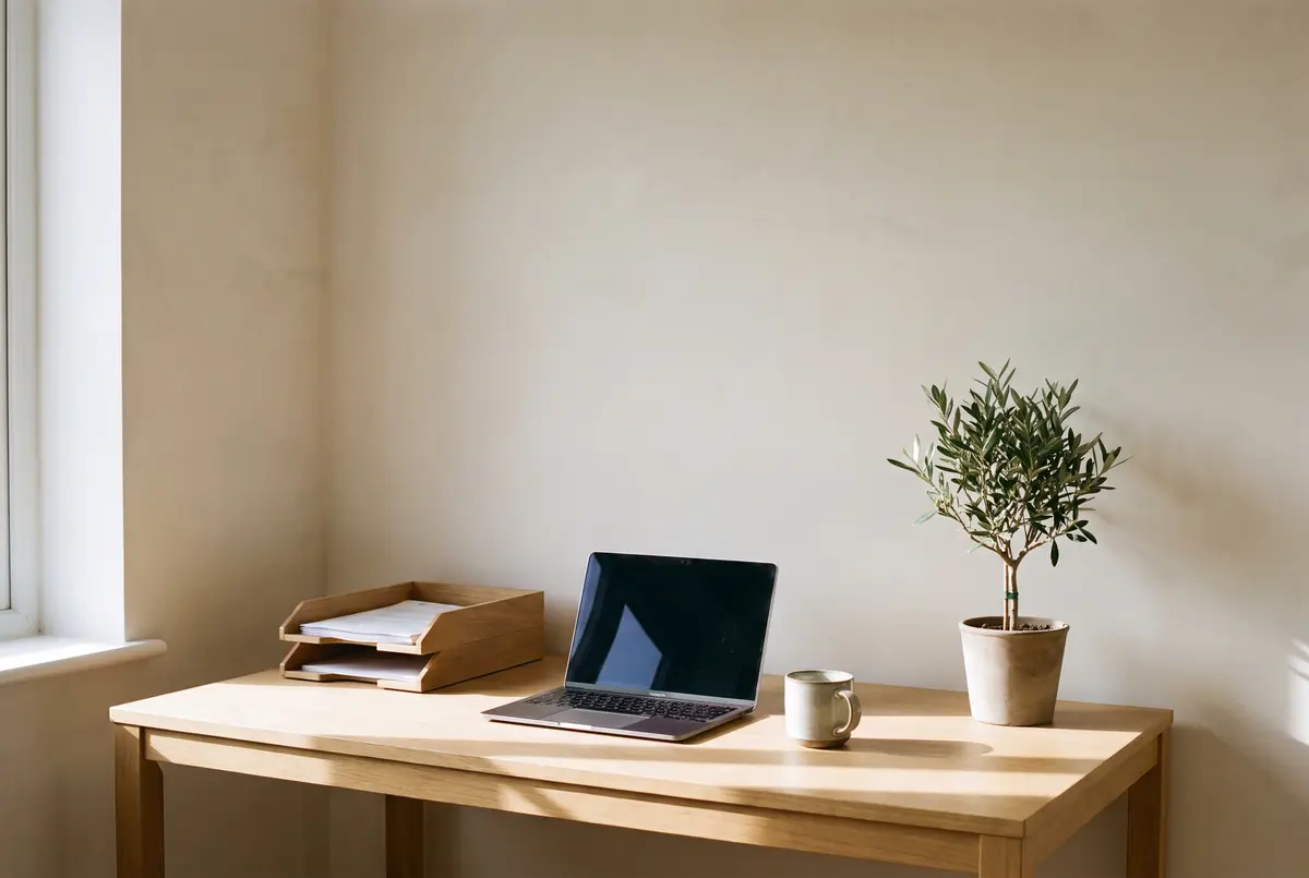 A tidy home office corner with a laptop, a document tray and a mug in morning light.