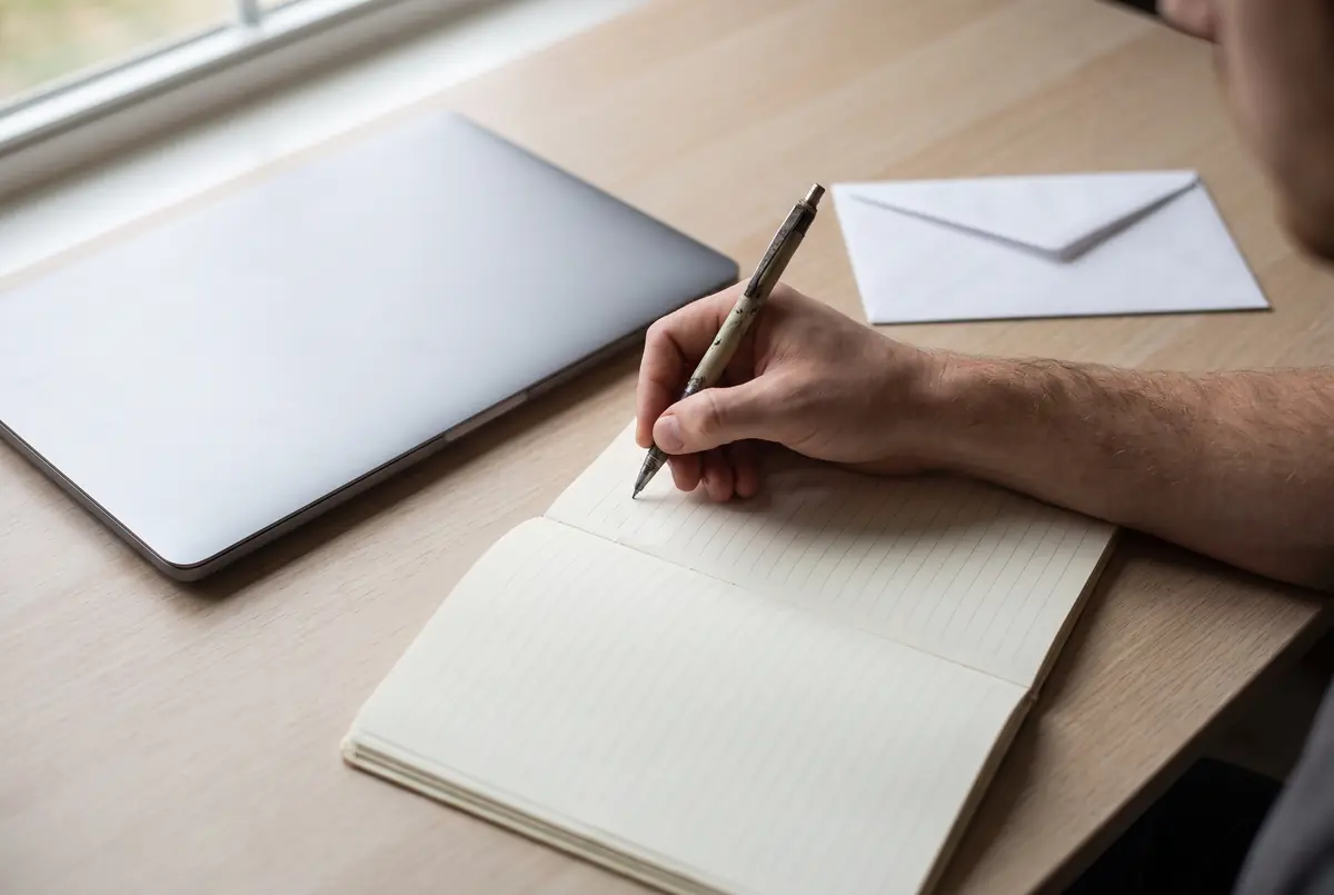 A hand writing in a ruled notebook beside a closed laptop and a plain envelope on a light desk.