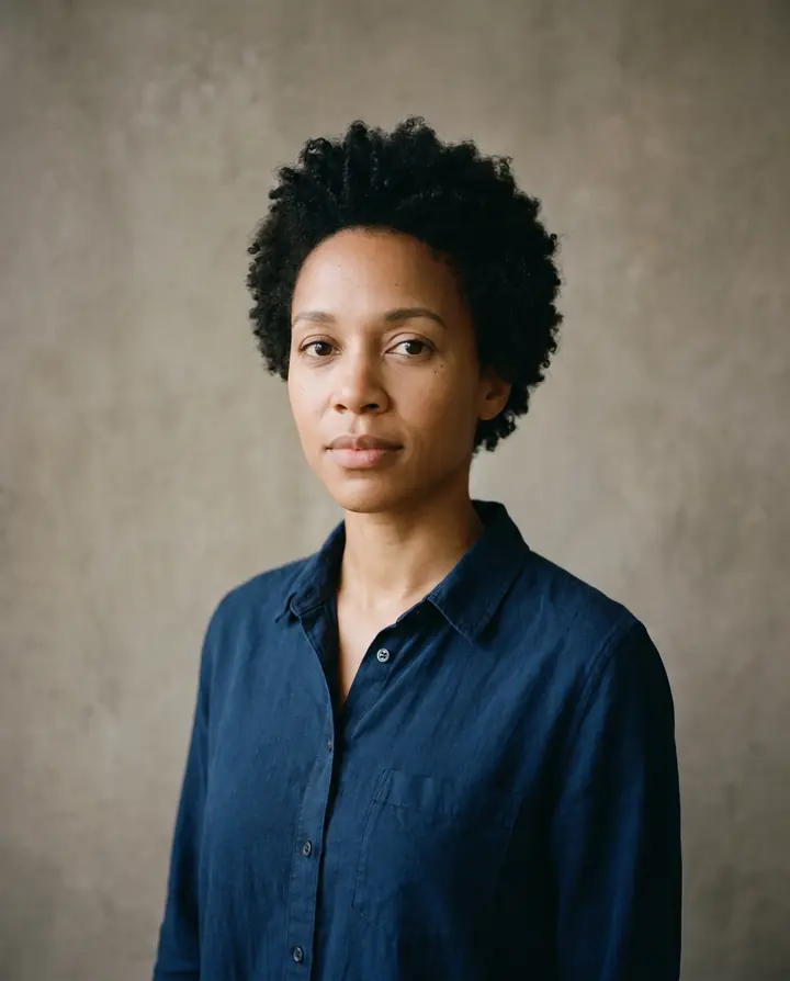 A portrait of a woman in a dark blue shirt against a plain warm grey wall.