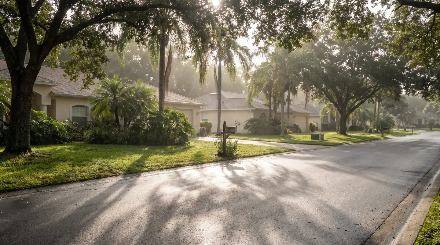A quiet residential street in Tampa in early morning light, palm shadows across the pavement and a mailbox in the middle distance.